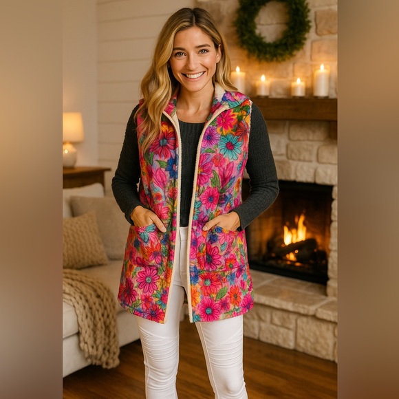 NATURAL LIFE Floral Oversized Sherpa blanket Vest with hood – Boho Cozy – NWT - Picture 2 of 13